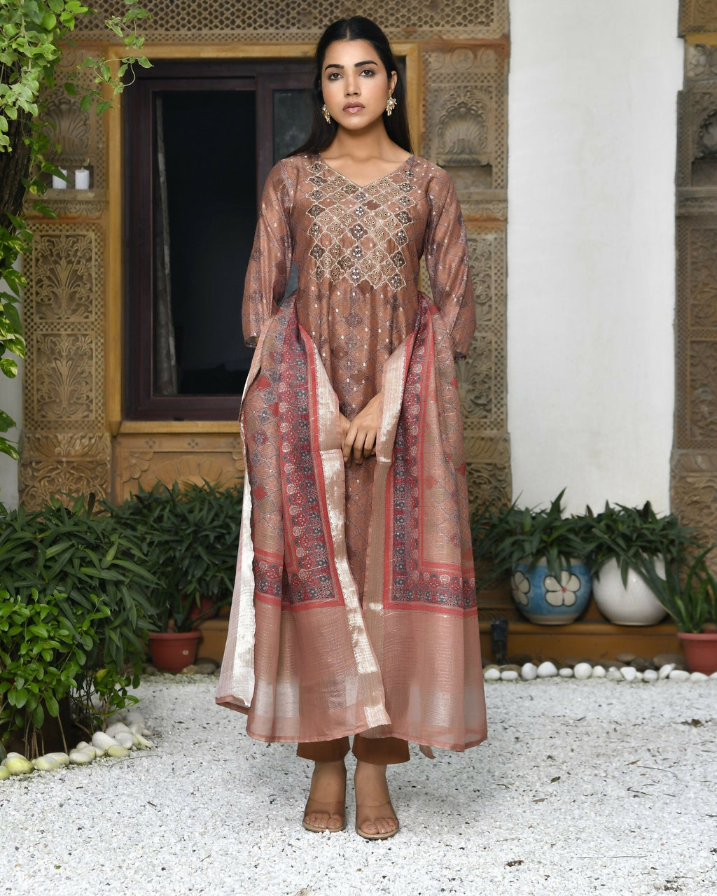 Vaasva Women's Chanderi Printed Suit Set With Pant And Printed Dupatta