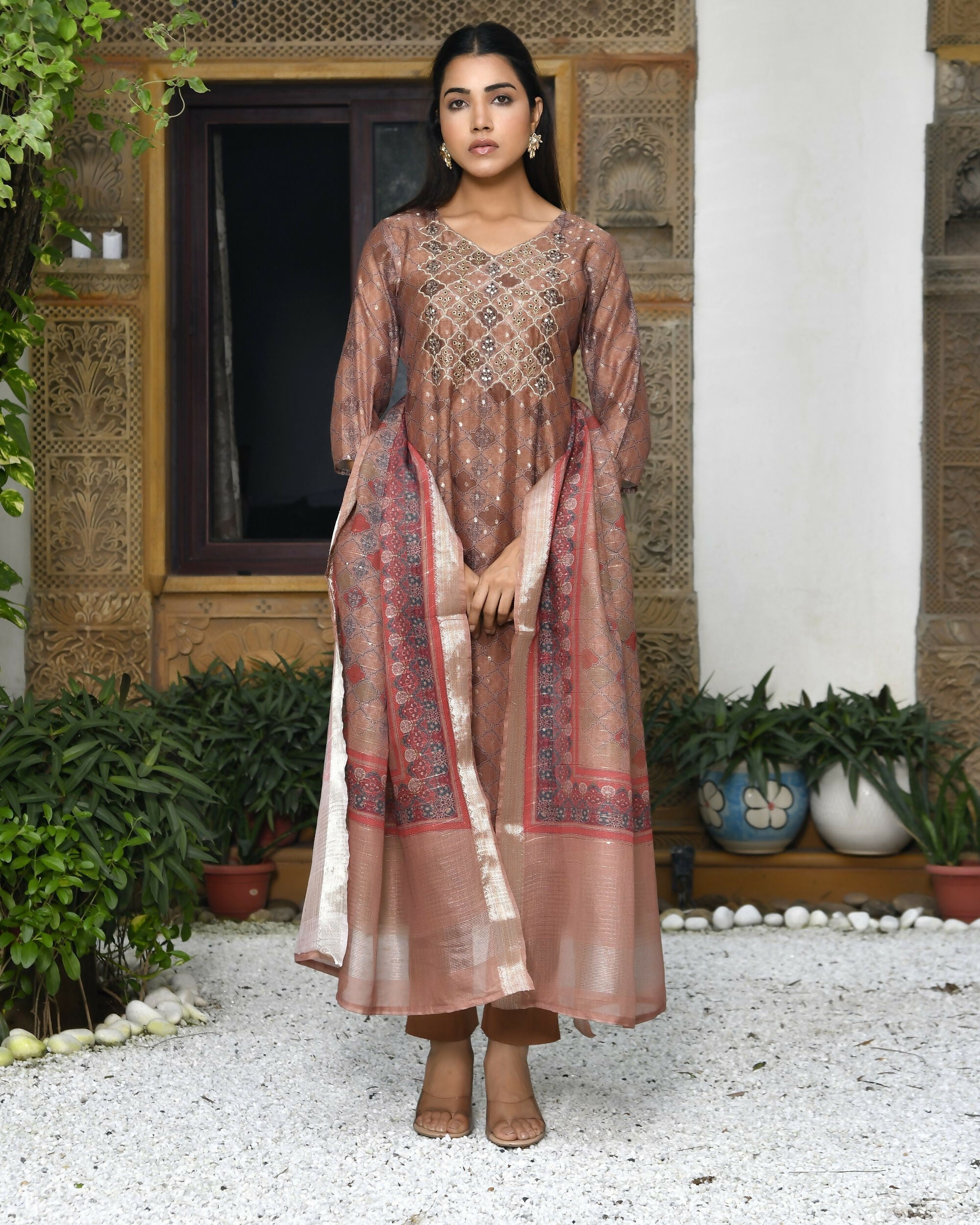 Vaasva Women's Chanderi Printed Suit Set With Pant And Printed Dupatta