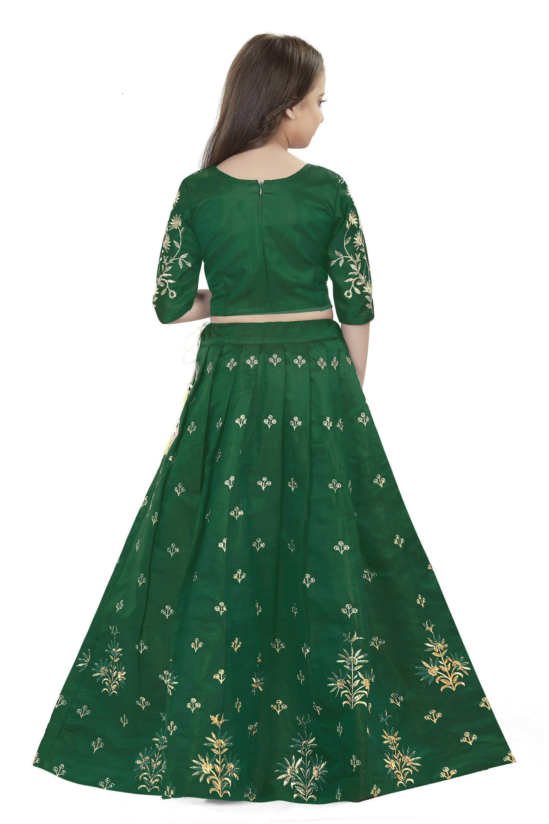 Dwiden Green Rohini Tafetta Sattin Semi-Stitched Girl's Lehenga Choli