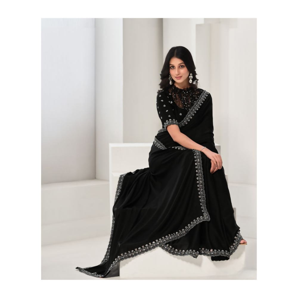 Black Crepe Satin Silk Sequence & Handwork Saree with Unstitched Blouse - Norita Saanjh