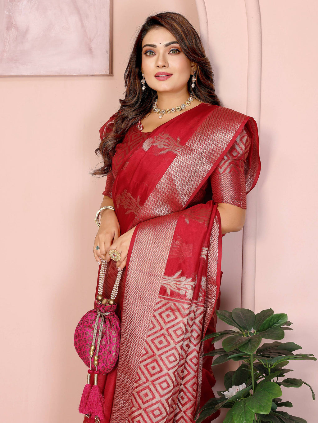 Aastha Fashion Red Soft Organza Silk Weaving Saree - Distacart
