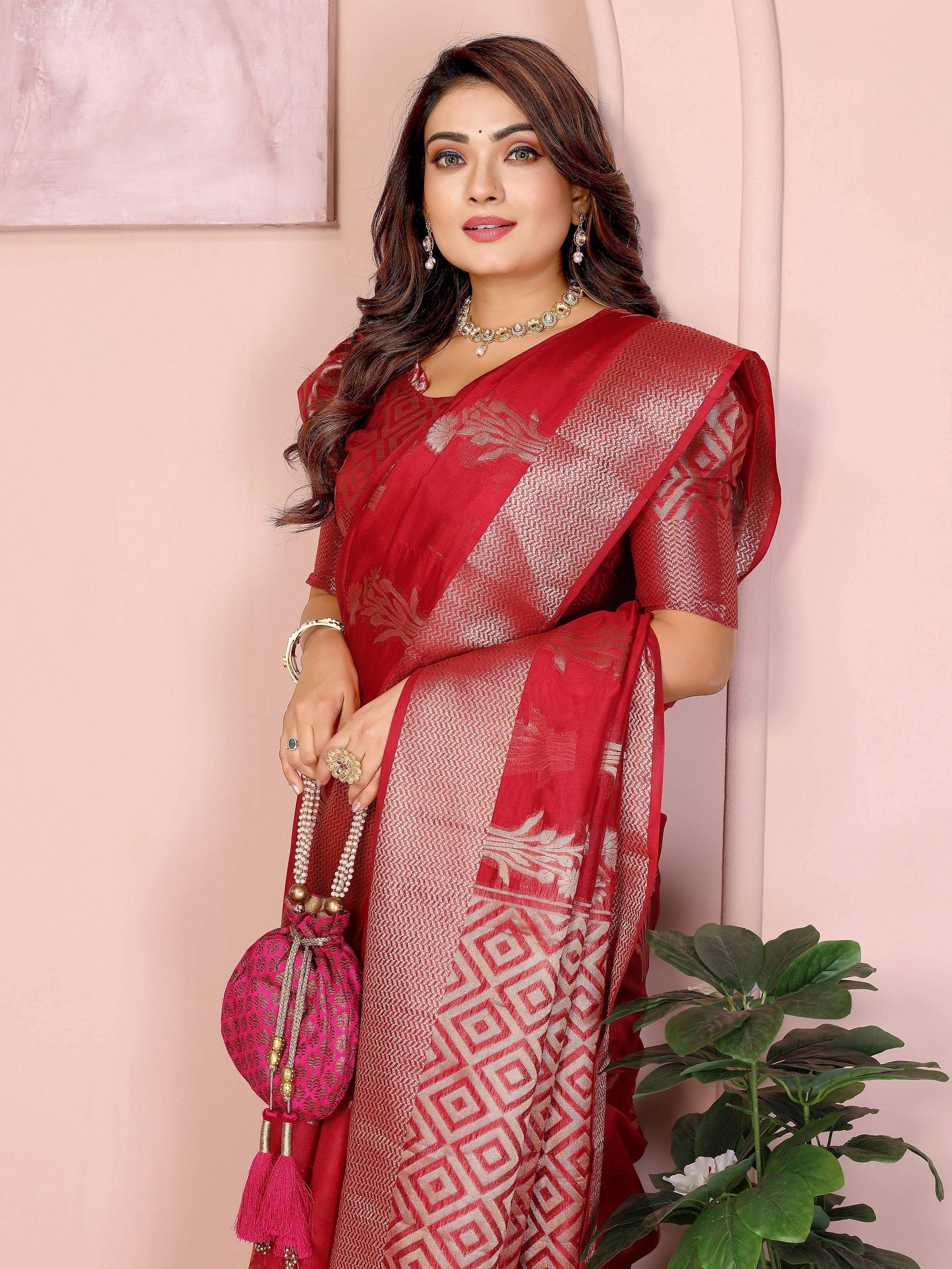 Aastha Fashion Red Soft Organza Silk Weaving Saree - Distacart
