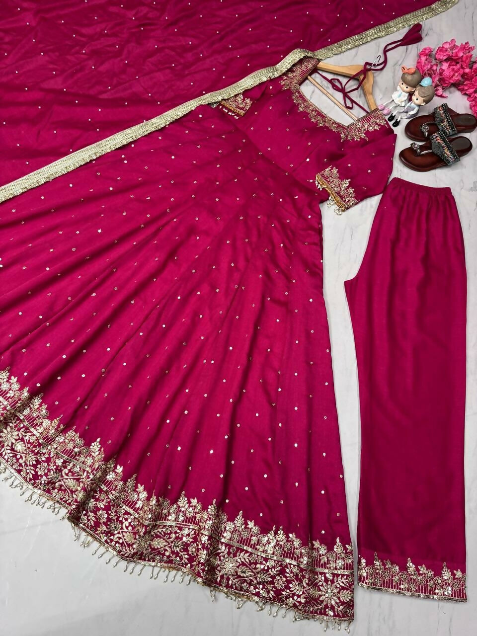 Teeya Creation Rani Color Pure Vichitra Silk Embroidery Work Party Wear Gown - Distacart