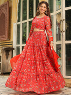 Janasya Red Georgette Floral Lehenga Choli Dupatta