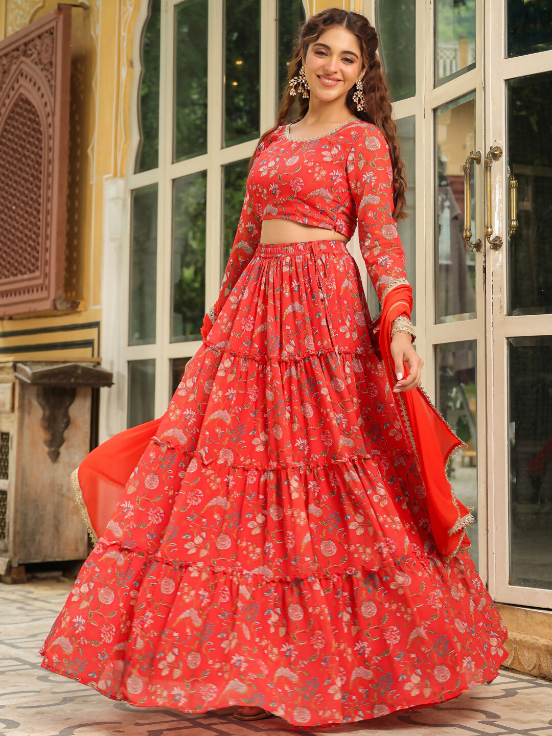 Janasya Red Georgette Floral Lehenga Choli Dupatta