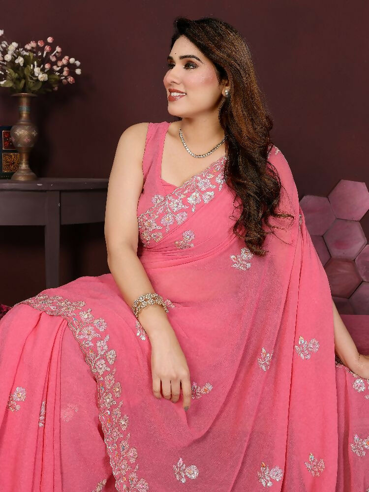 PR Fashion Gajari Georgette Embroidery Work With Embroidery Work Blouse Saree