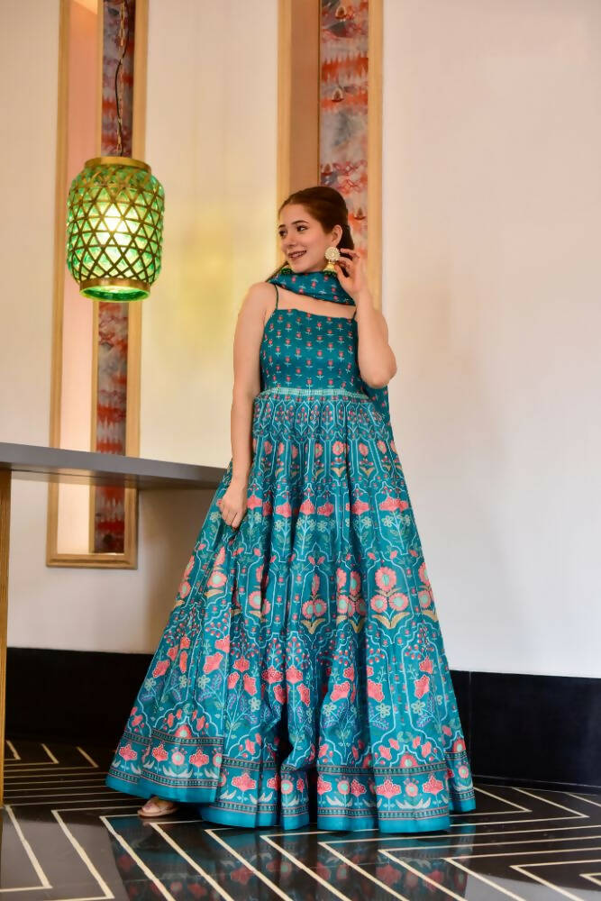 Partywear Designer Light Steel Blue Pure Maslin Gown - Anbazaar - Distacart