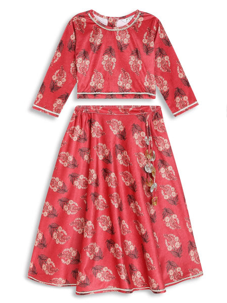 Ahalyaa Girls Floral Printed Velvet Ready to Wear Kids Lehenga Choli