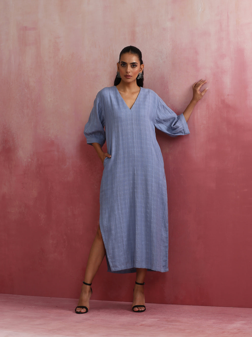 trueBrowns Sky Blue Cotton Dobby Dress - Distacart