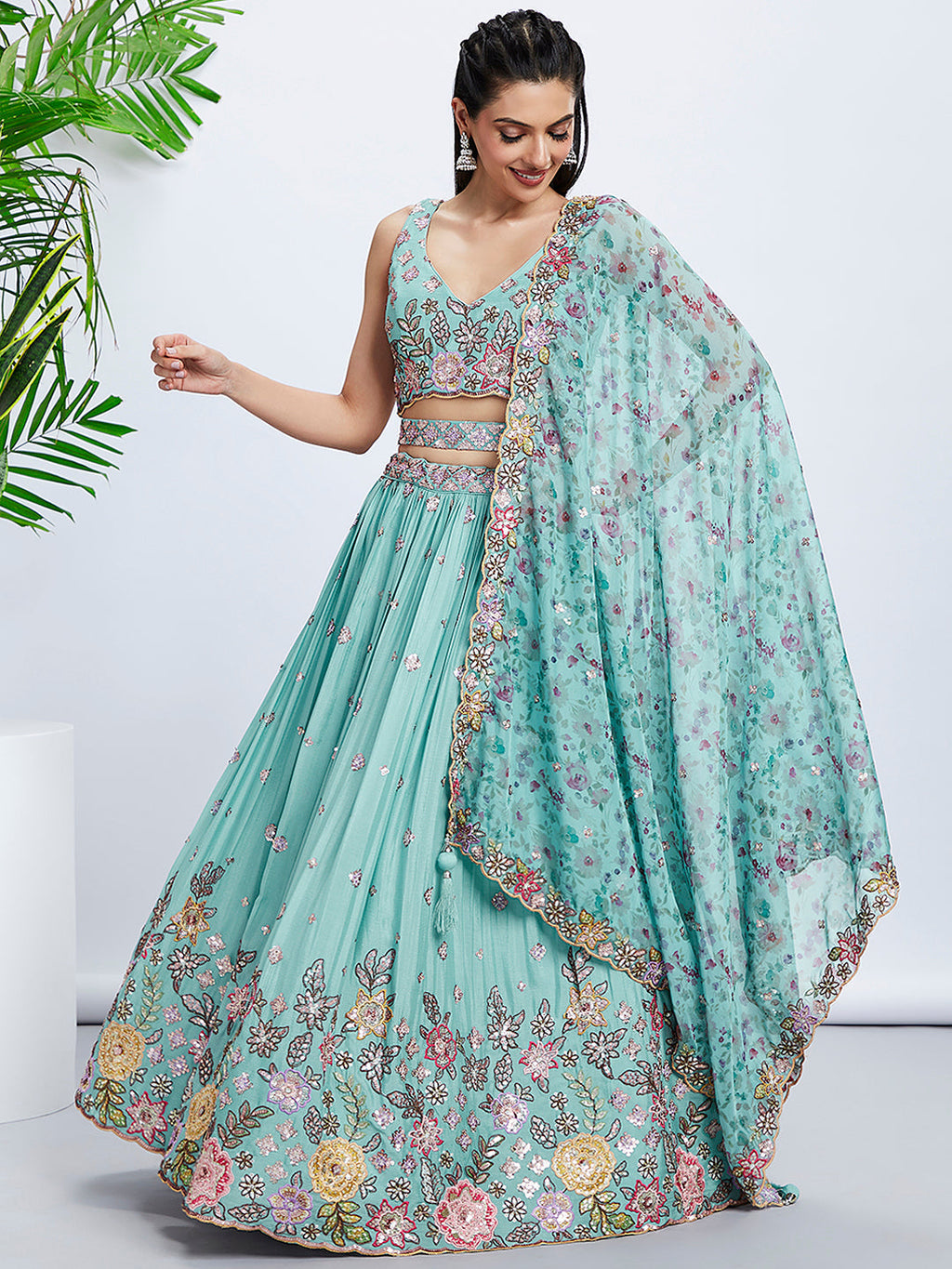 House of Panchhi Mauve Chiffon Sequins And Thread Embroidery Lehenga Choli & Dupatta