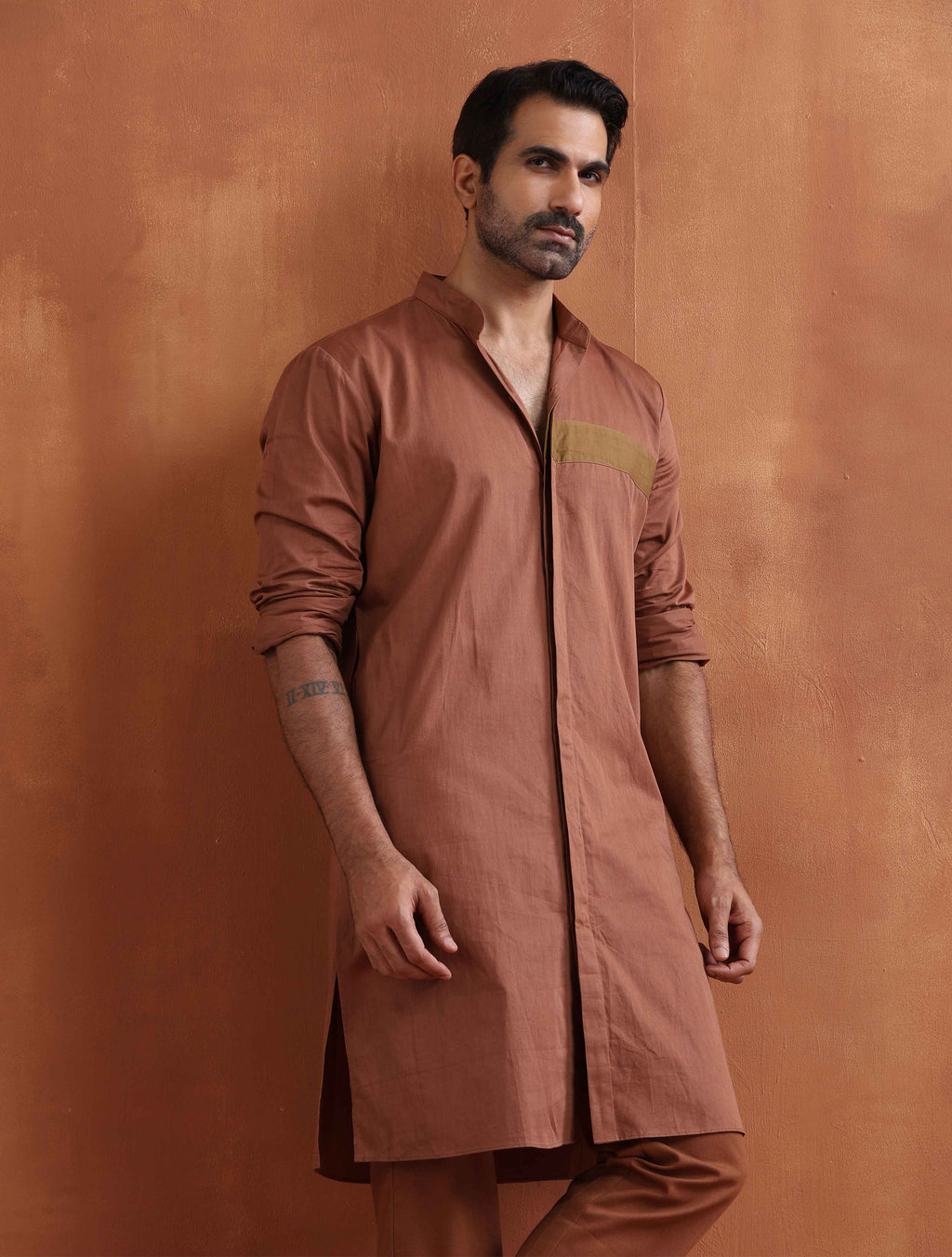 trueBrowns Men's Brown Cotton Front Open Kurta
