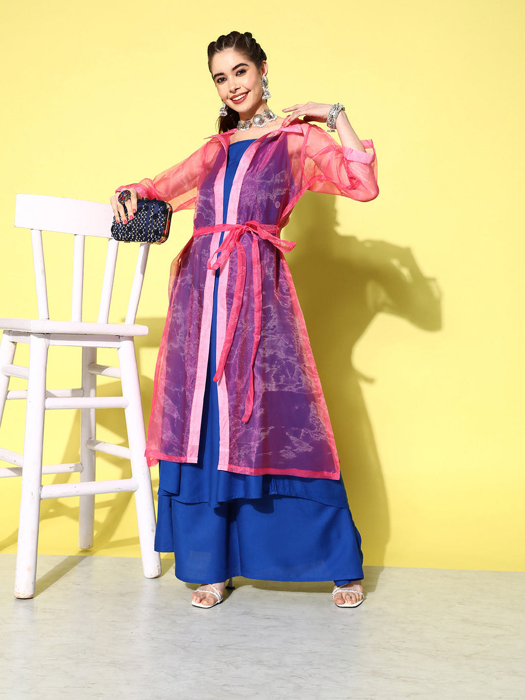 InWeave Women's Ink Blue Strappy Kurta Set With Pink Organza Cape