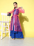 InWeave Women's Ink Blue Strappy Kurta Set With Pink Organza Cape