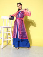 InWeave Women's Ink Blue Strappy Kurta Set With Pink Organza Cape