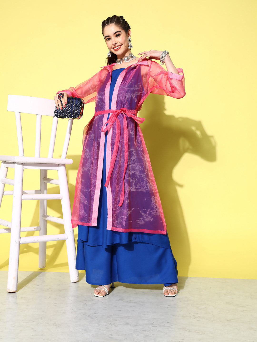 InWeave Women's Ink Blue Strappy Kurta Set With Pink Organza Cape