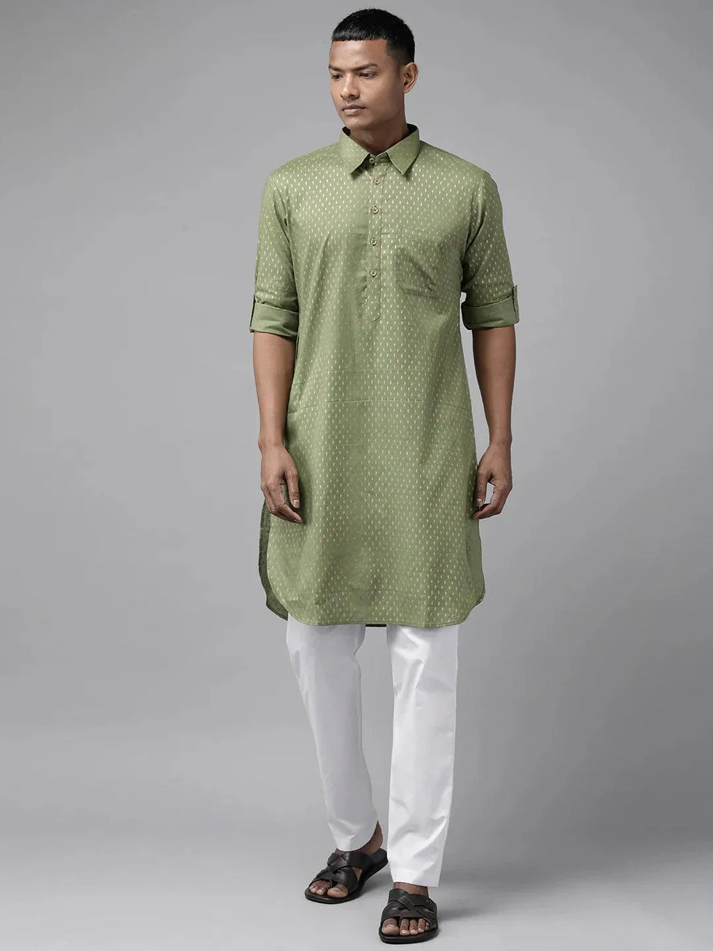 Fabmade Pure Cotton Olive Green Printed Pathani Kurta