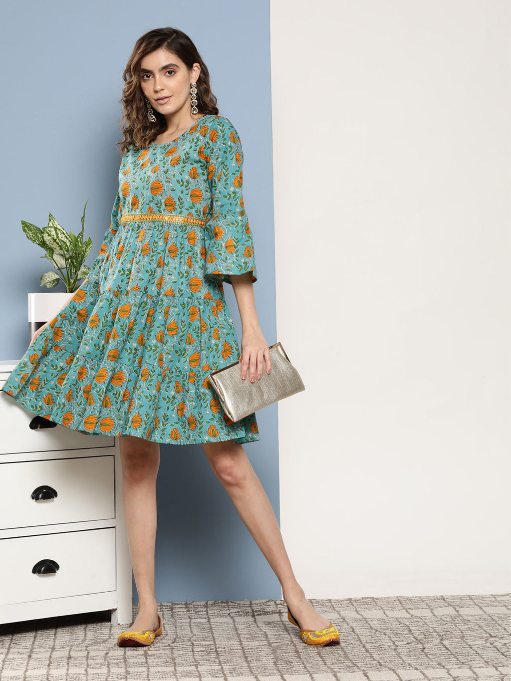 InWeave Women's Blue Mustard Print Short Dress - Distacart