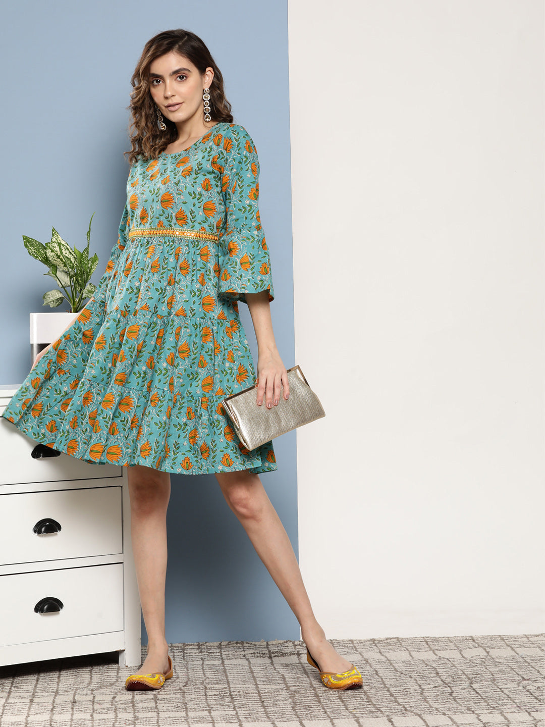 InWeave Women's Blue Mustard Print Short Dress - Distacart