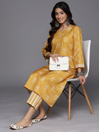 KSUT (House of Varanga) Mustard Digital Printed Kurta With V Neckline Paired With Straight Trouser - Distacart
