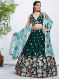 House of Panchhi Teal Pure Georgette Sequins And Thread Embroidery Lehenga Choli & Dupatta