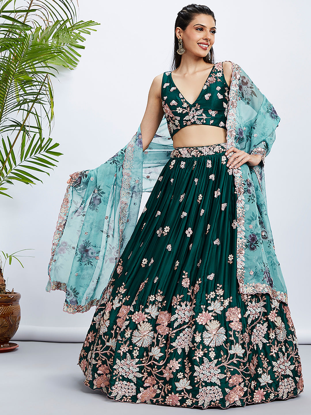 House of Panchhi Teal Pure Georgette Sequins And Thread Embroidery Lehenga Choli & Dupatta