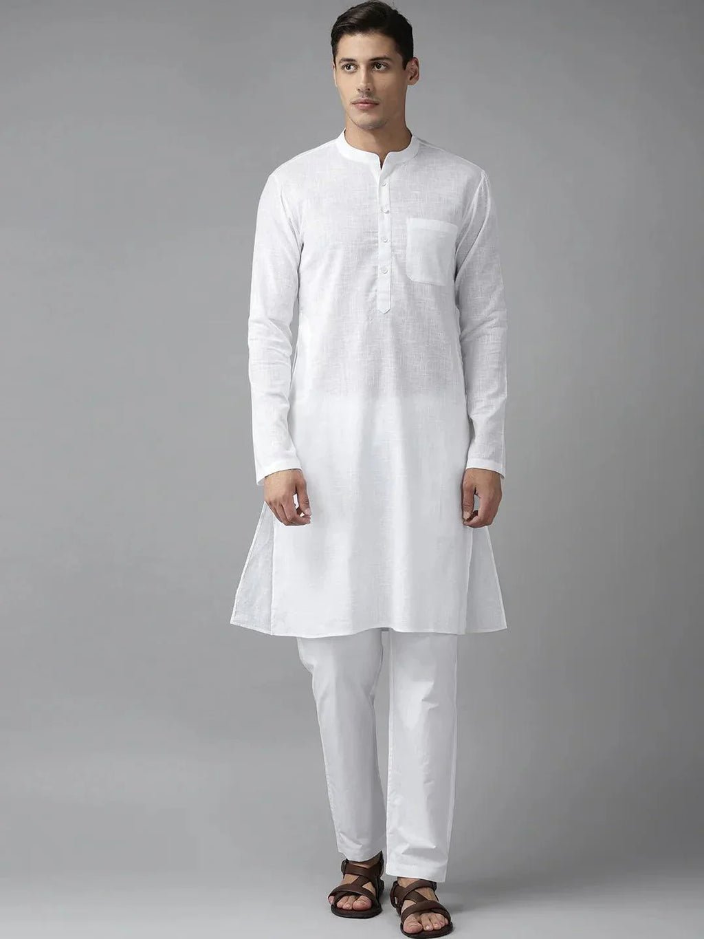 Fabmade Men White Cotton Linen Kurta