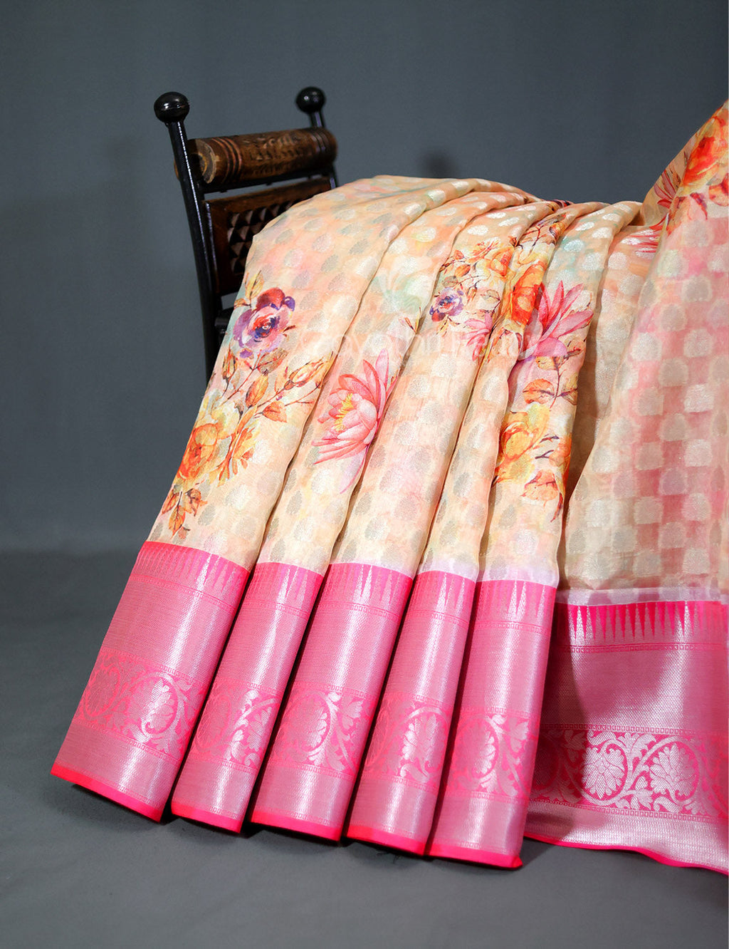 Shades of Cream Colour Floral Design Banaras Semi Silk Saree By Gayathri Reddy Designer Studio