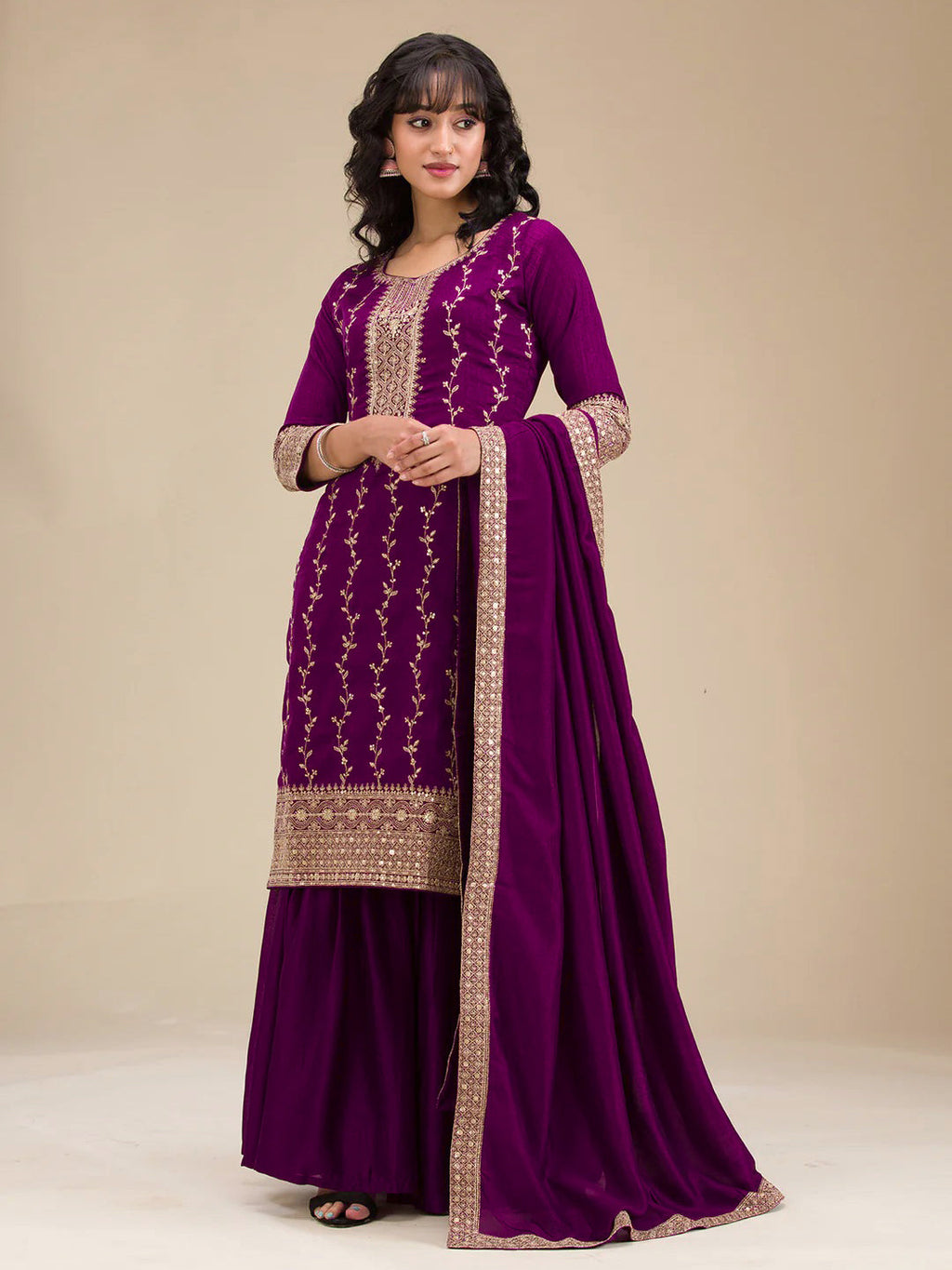 The52 Beautiful Embroidered Vichitra Silk Fabric Straight Kurta, Palazzo and Dupatta Set - Distacart