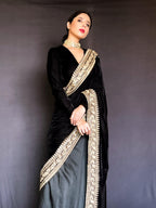 trueBrowns Velvet Silk Embroidered Ready Pleated Saree