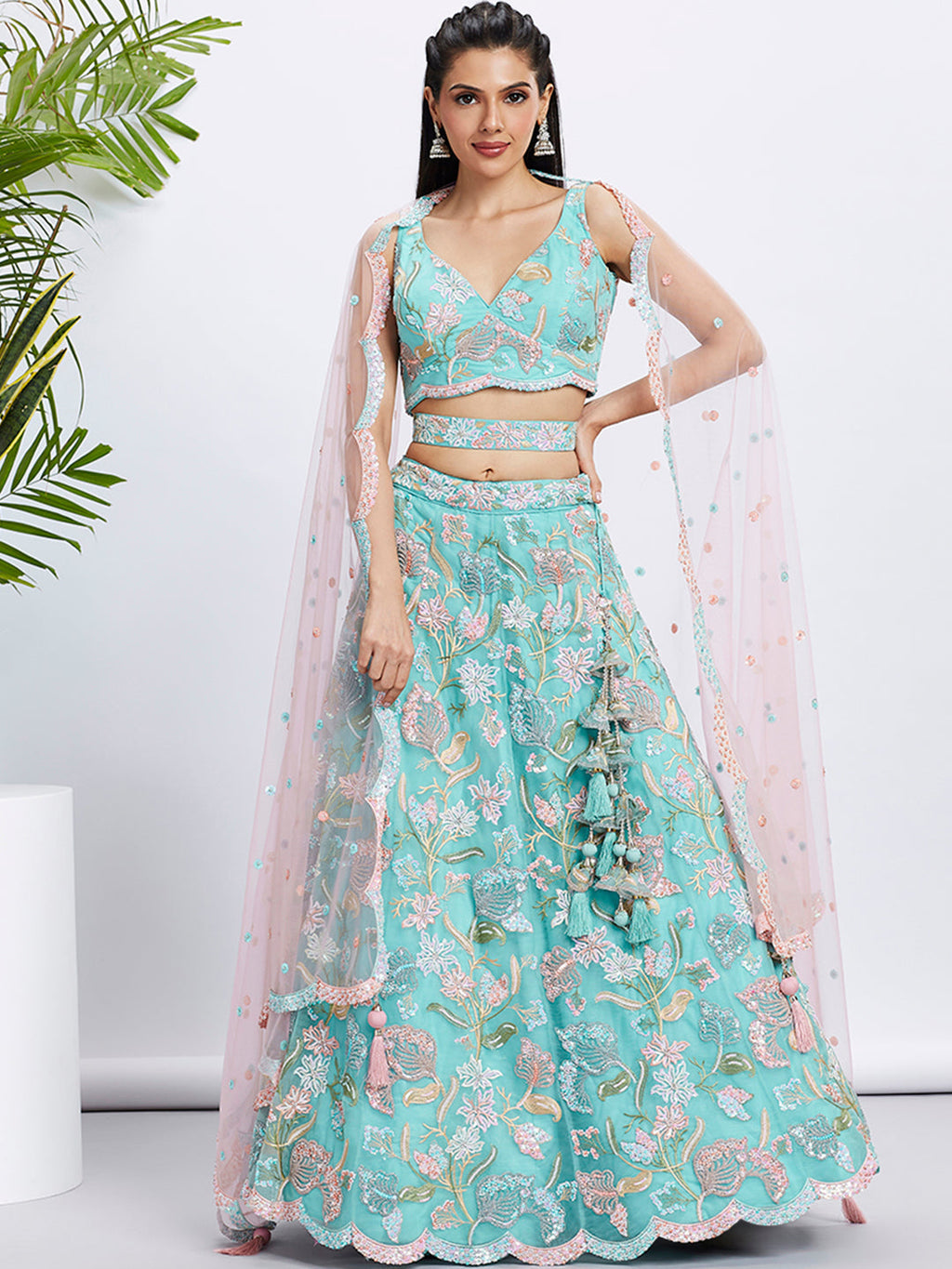 House of Panchhi Turquoise Blue Chiffon Sequins And Thread Embroidery Lehenga Choli & Printed Dupatta