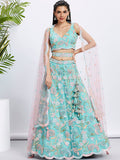 House of Panchhi Turquoise Blue Chiffon Sequins And Thread Embroidery Lehenga Choli & Printed Dupatta