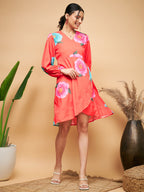 InWeave Women's Dark Orange Pink Blue Flower Belted Dress - Distacart