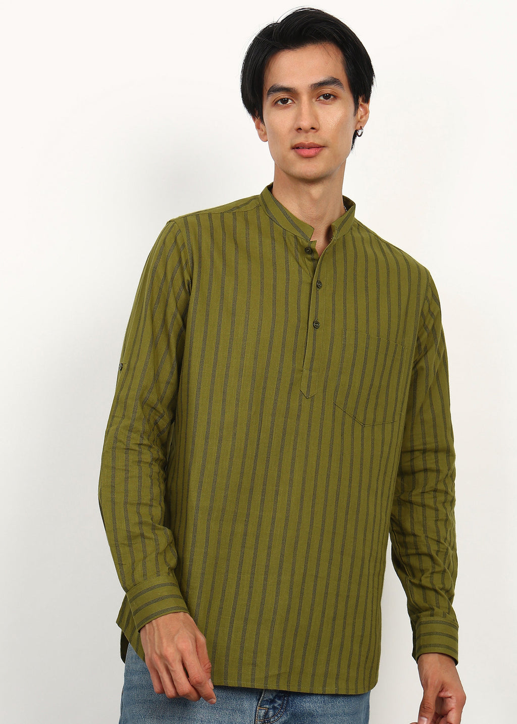 Fabmade Olive Stripe Linen Kurta
