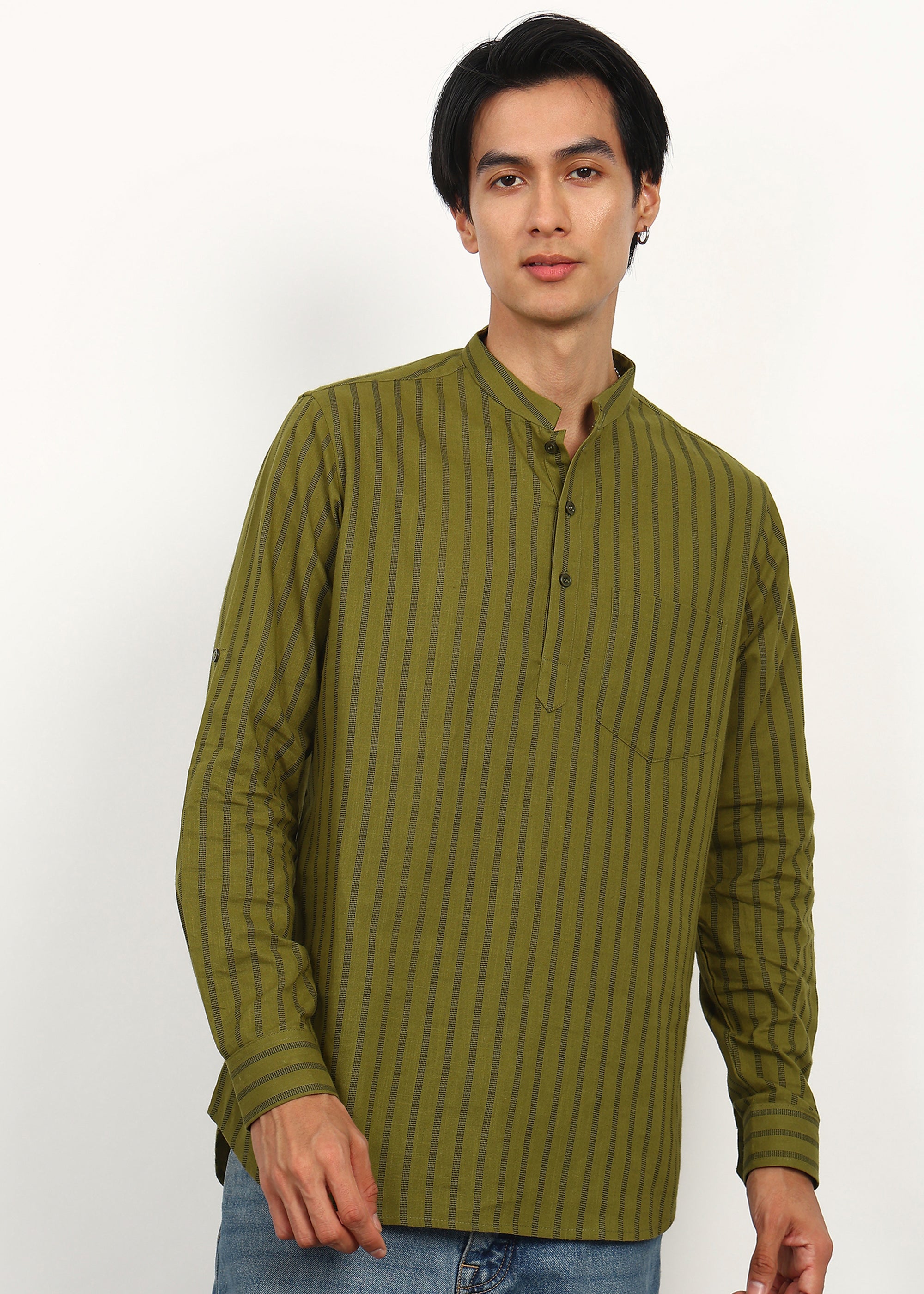 Fabmade Olive Stripe Linen Kurta