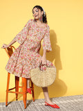 InWeave Women's Pink Boota Print Belted Dress - Distacart