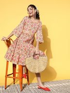 InWeave Women's Pink Boota Print Belted Dress - Distacart
