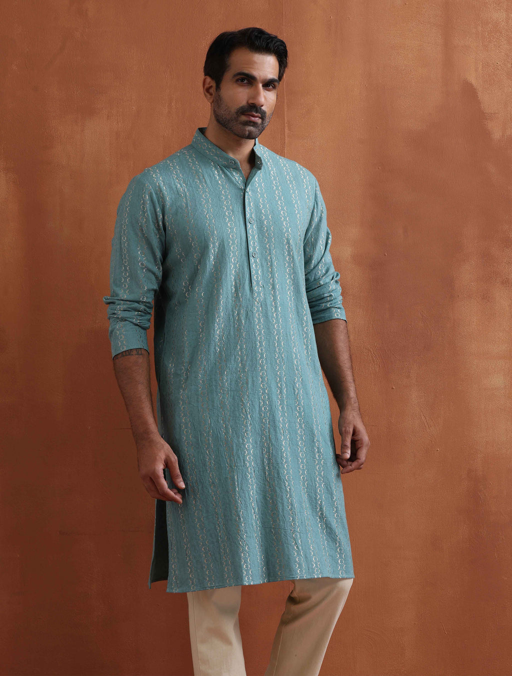 trueBrowns Men's Green Textured Cotton Dobby Kurta