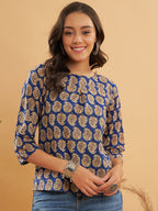InWeave Women's Ink Blue Small Paisley Kalamkari Top - Distacart