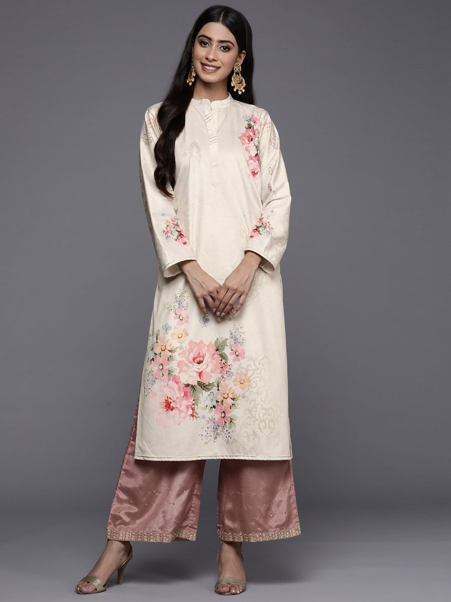 Ahalyaa Women Cream-Coloured & Pink Floral Printed Gotta Patti Floral Velvet Kurta