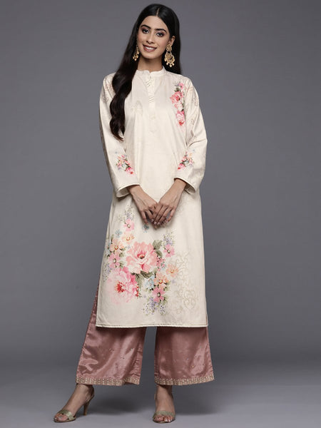 Ahalyaa Women Cream-Coloured & Pink Floral Printed Gotta Patti Floral Velvet Kurta