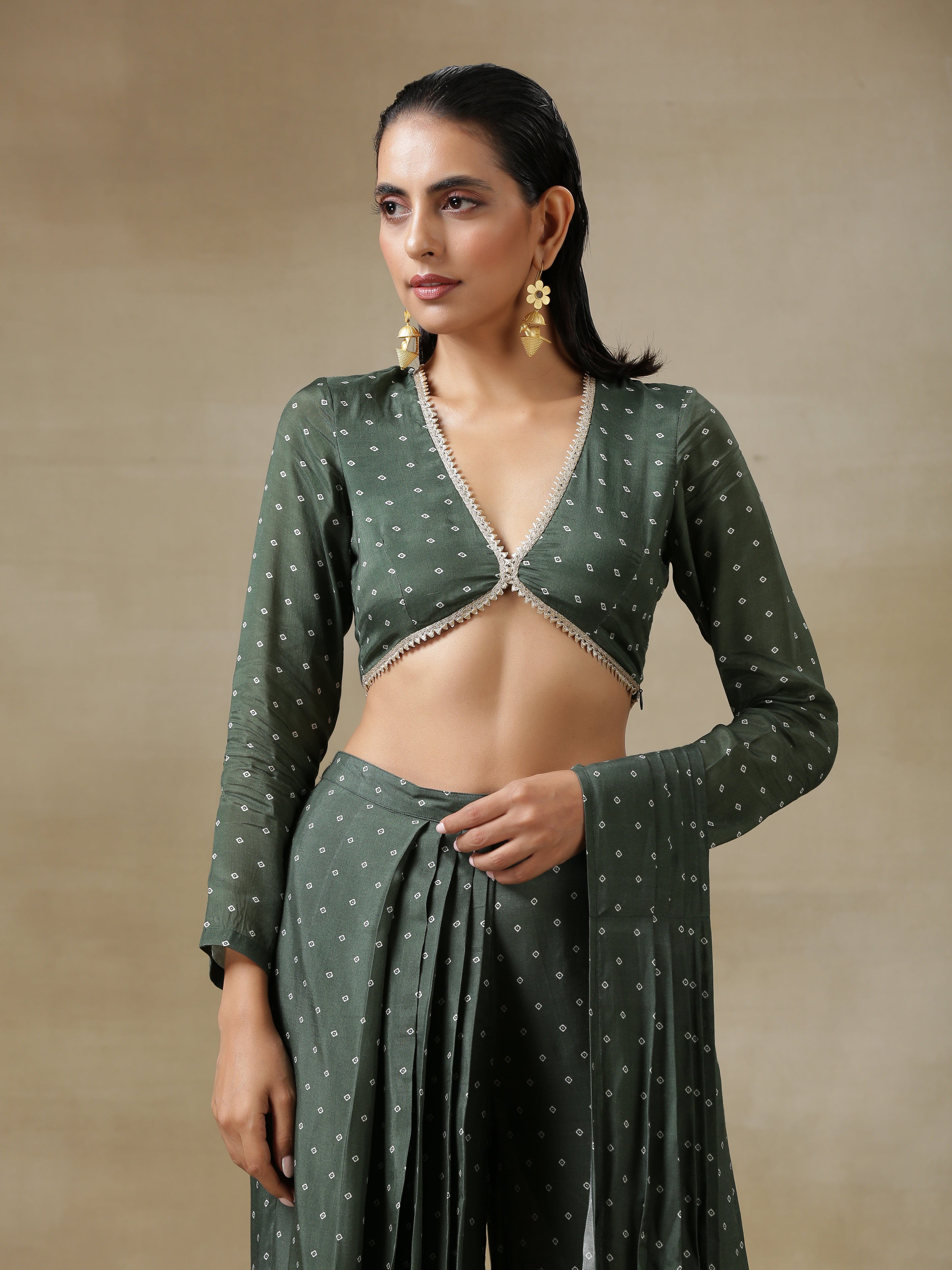 trueBrowns Dark Green Bandhani Printed Silk Full Sleeve Blouse