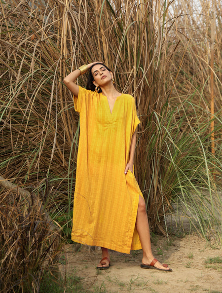 trueBrowns Mustard Cotton Dobby Oversized Dress