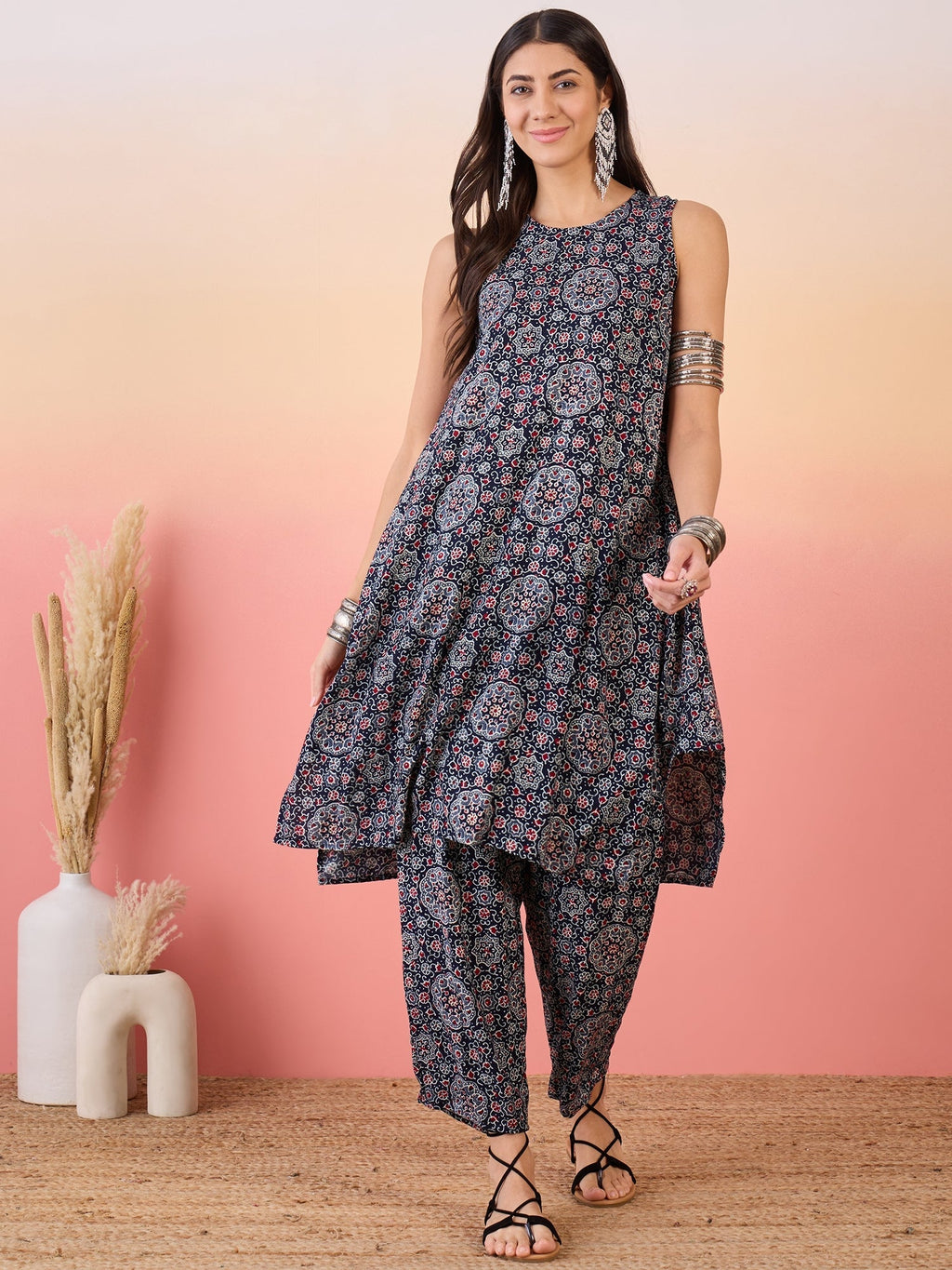 InWeave Navy Maroon Ajrakh Foil Round Neck Kurta Pant Set