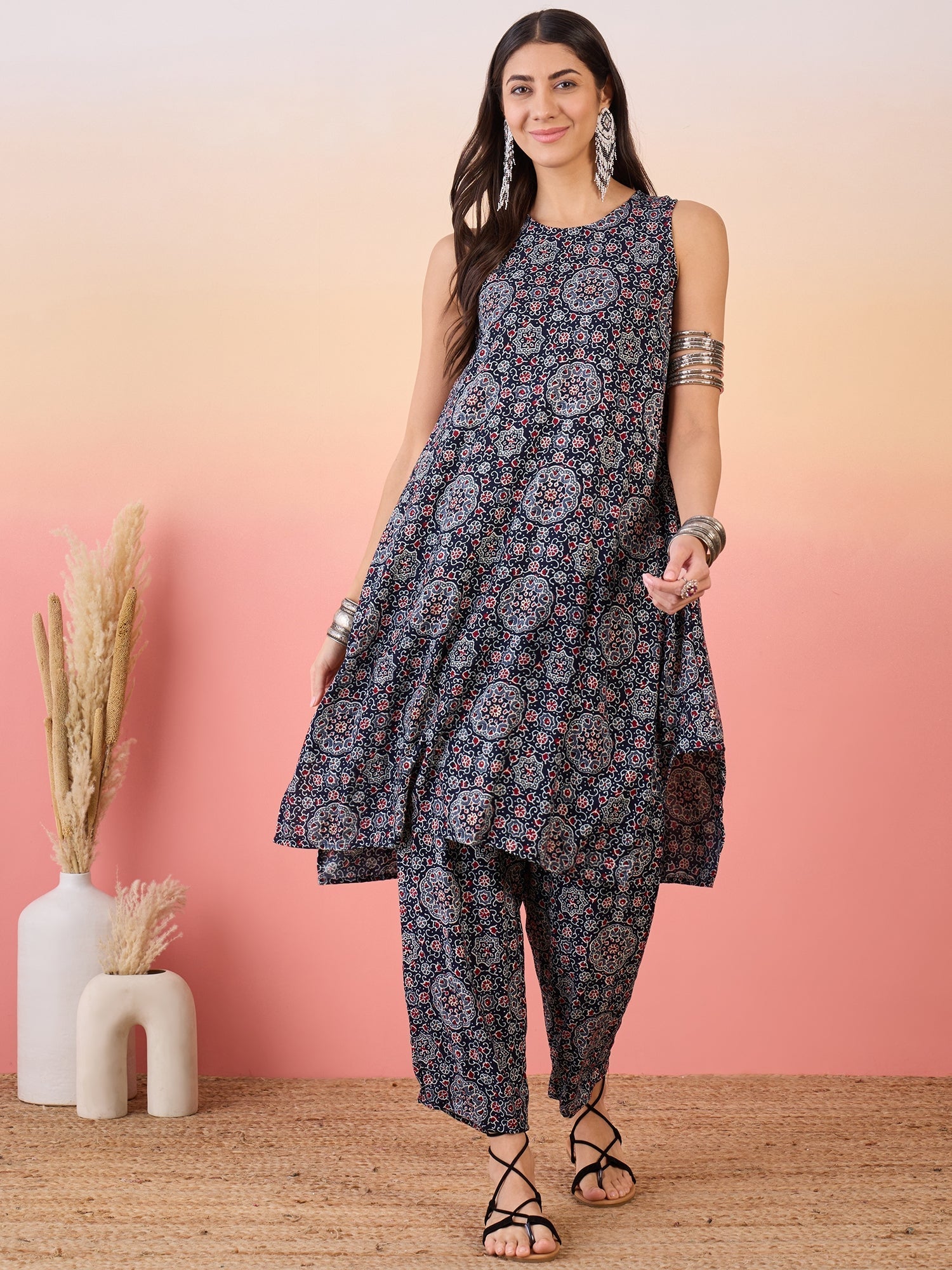 InWeave Navy Maroon Ajrakh Foil Round Neck Kurta Pant Set