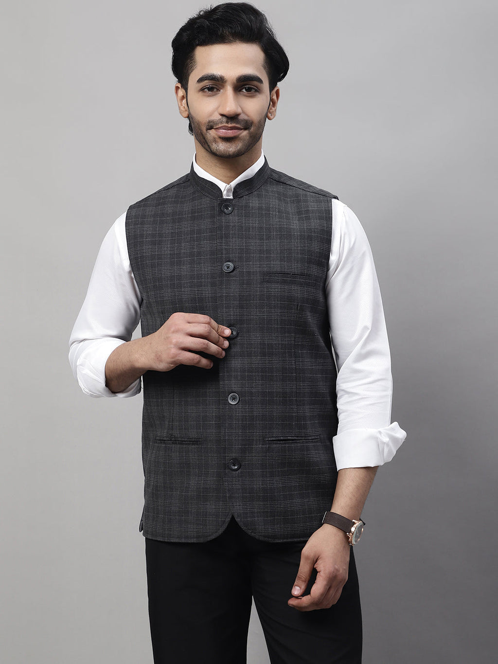 Even Apparels Men's Grey Nehru Jacket With Welt Pockets