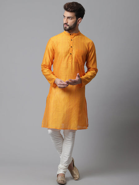 Even Apparels Yellow Check Kurta With Band Collar