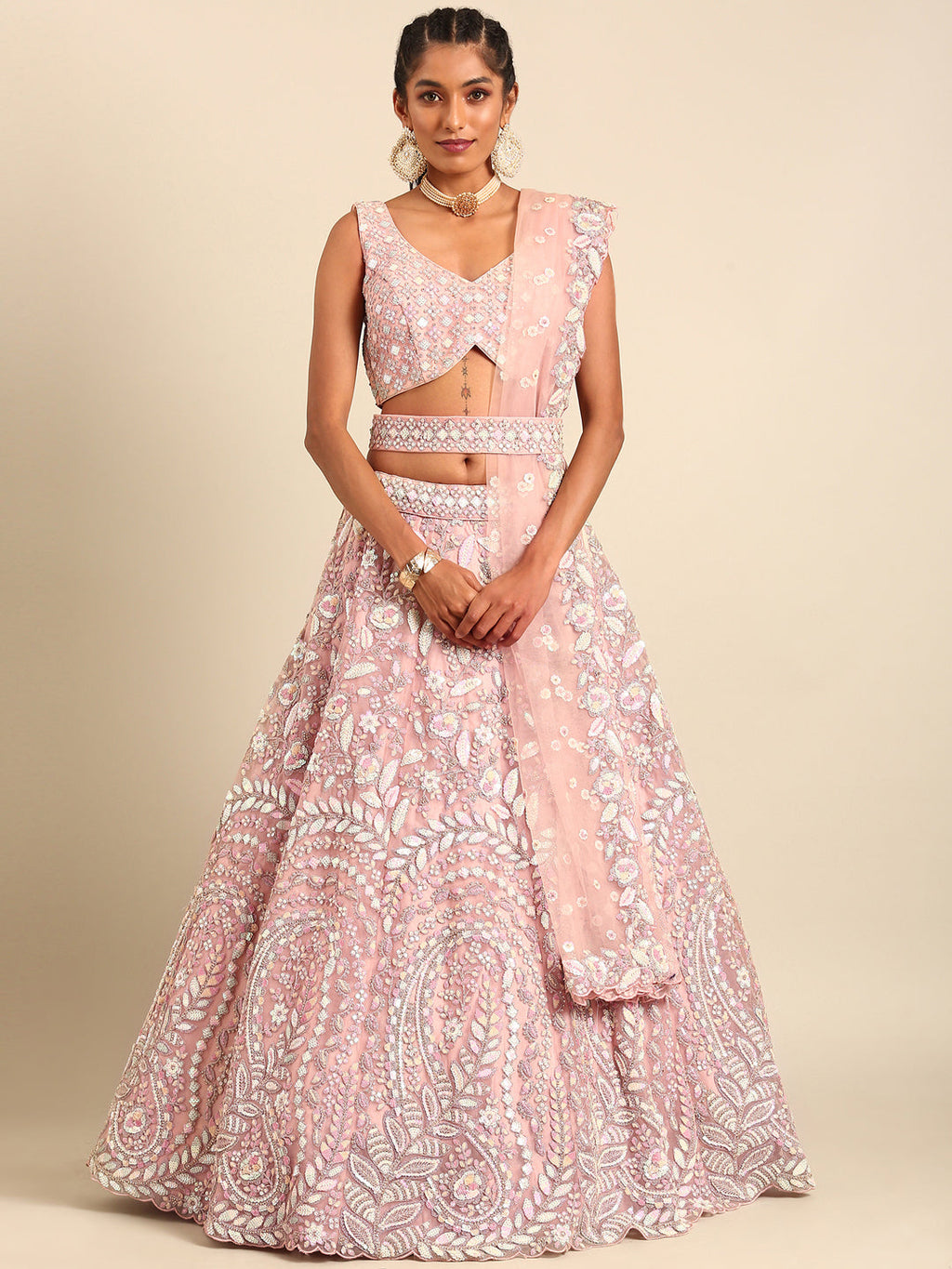 House of Panchhi Pink Net Multi Sequins with heavy Zarkan embroidery Lehenga choli & Dupatta