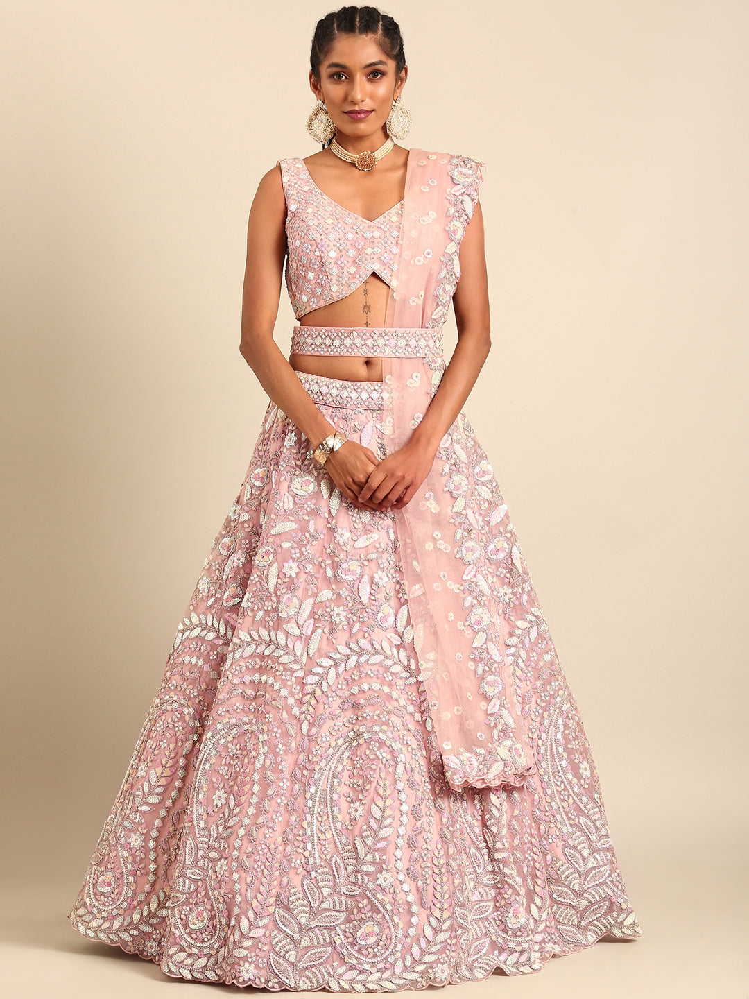 House of Panchhi Pink Net Multi Sequins with heavy Zarkan embroidery Lehenga choli & Dupatta
