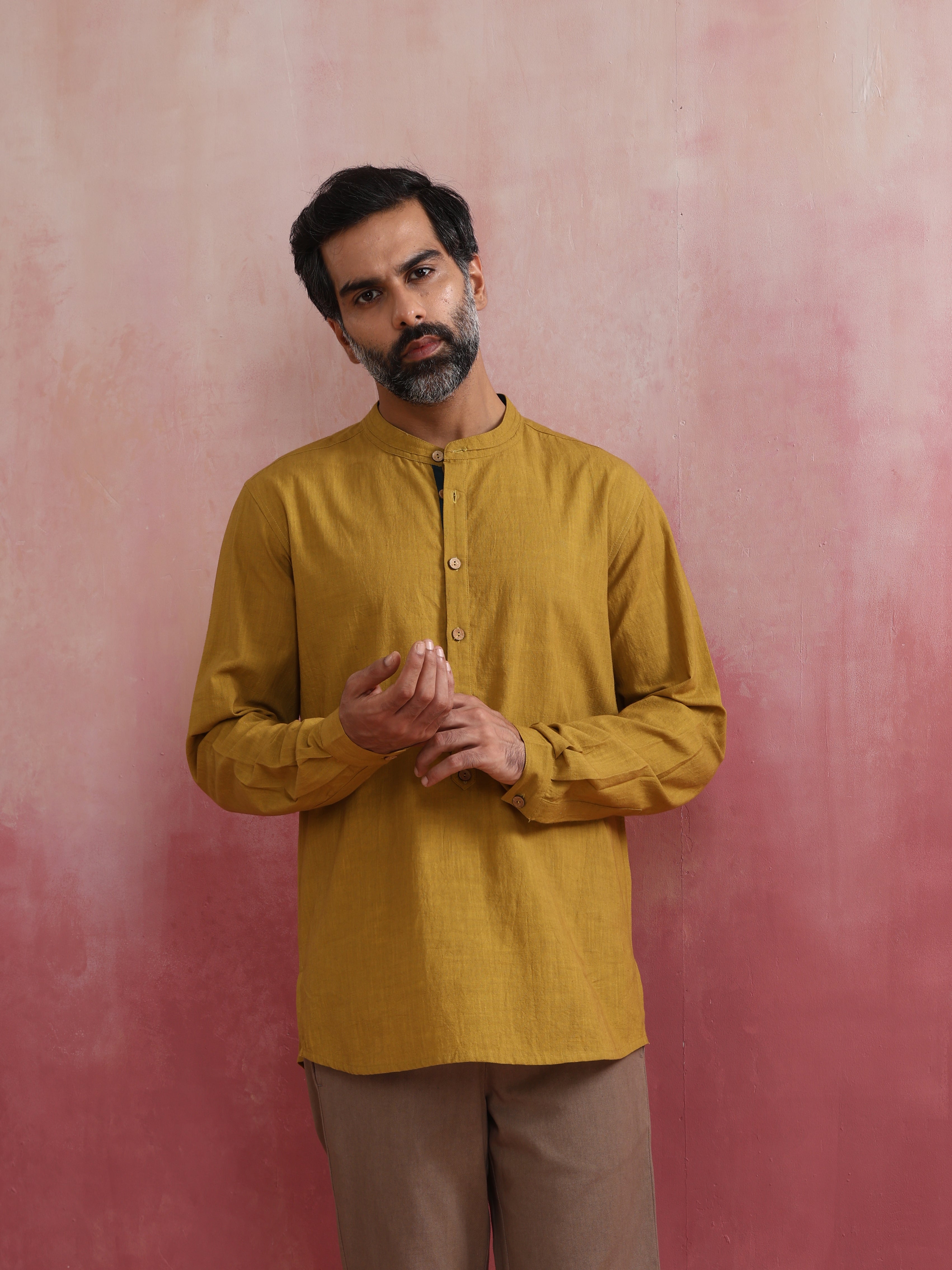 trueBrowns Men's Mustard Cotton Mandarin Collar Stylized Kurta