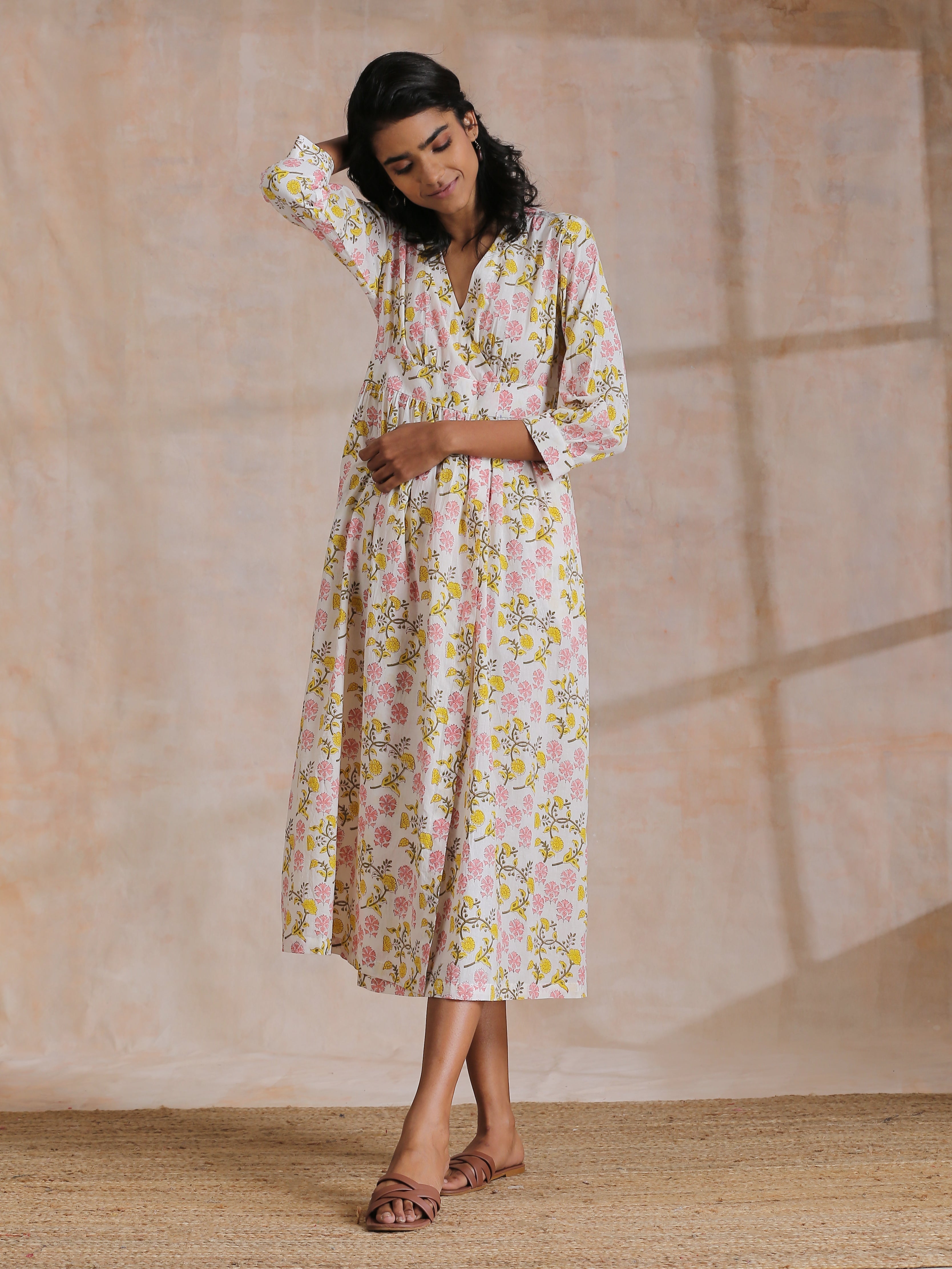 trueBrowns Pink Yellow Floral On White Block Print Cotton Wrap Dress - Distacart